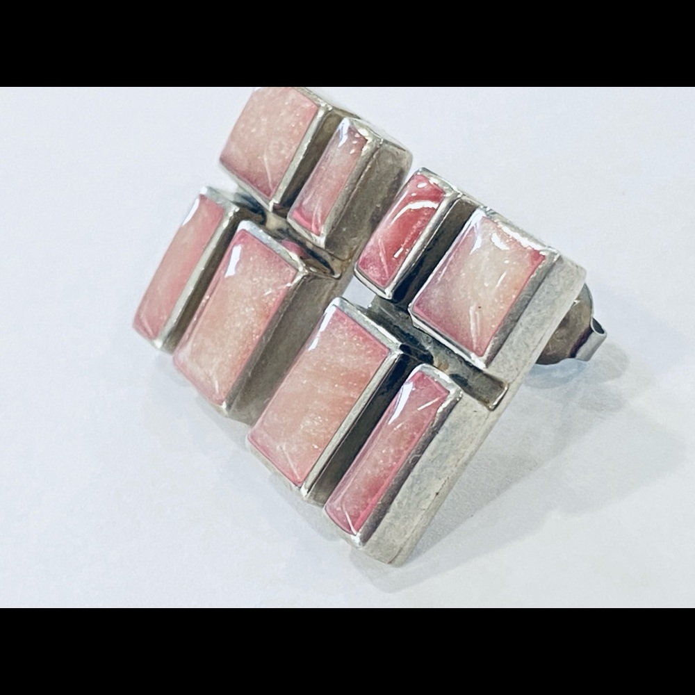 Sterling Silver Rectangular Stud Earring With Sto… - image 3